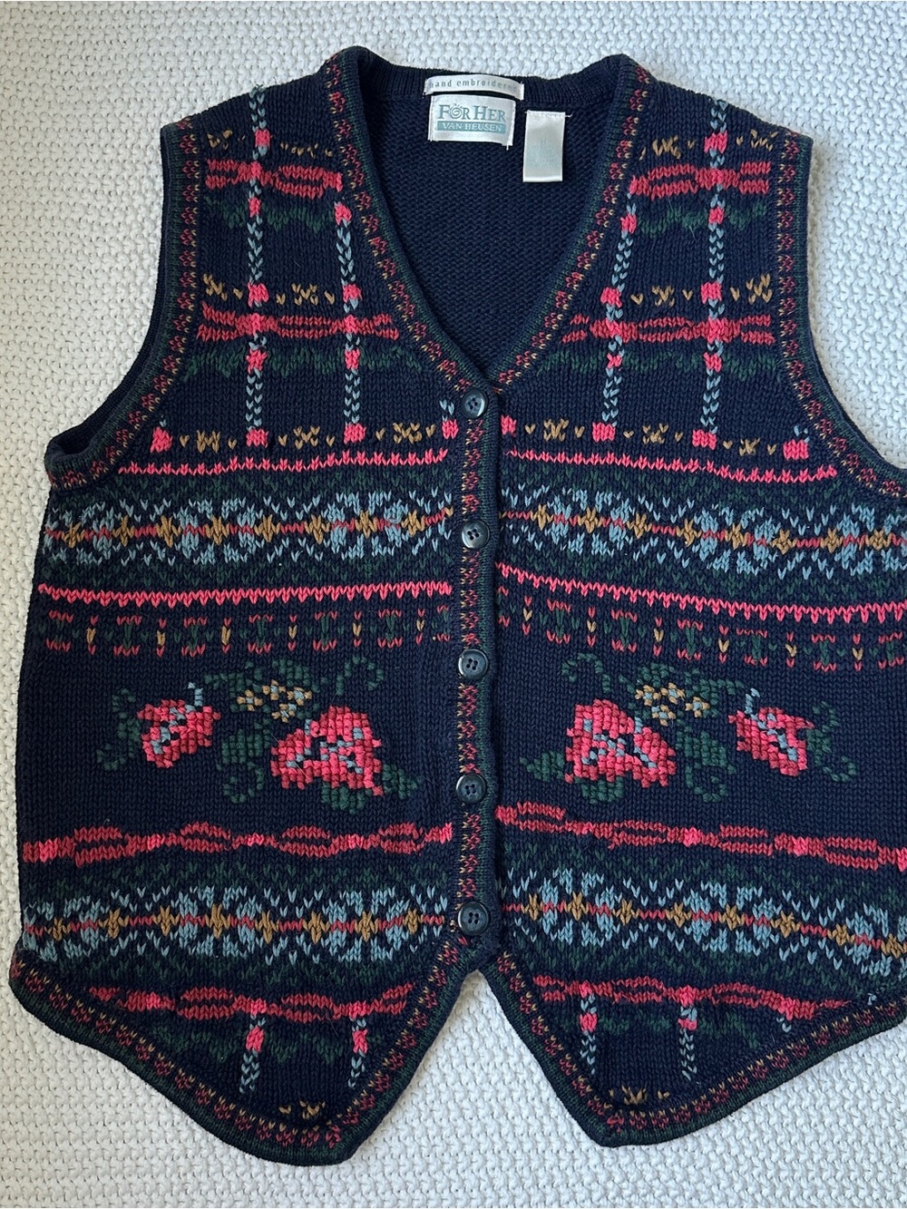 Van Heusen Navy Knit Vest with Red and Green Fair Isle Accents